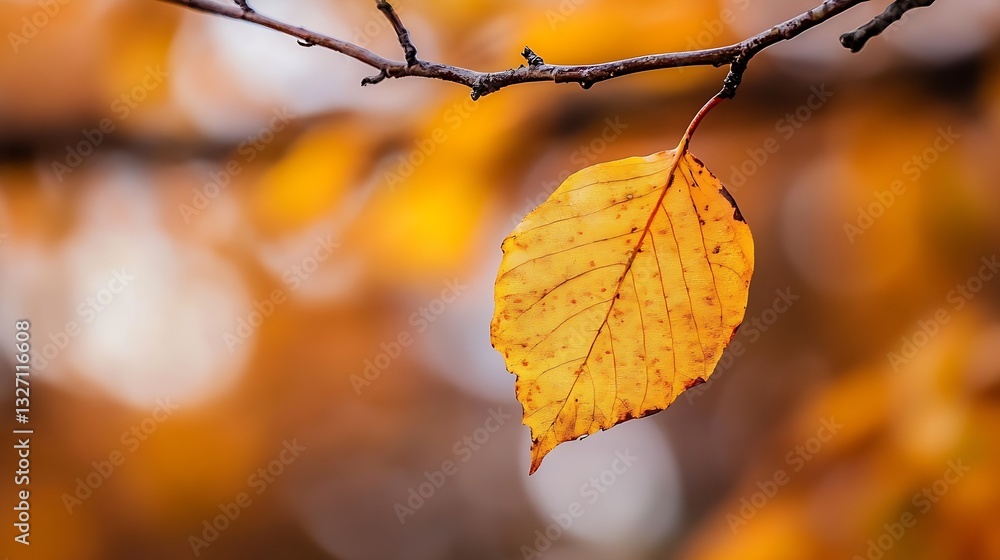 Poster beautiful autumn scene with a single yellow leaf hanging on a branch amidst colorful foliage : gener
