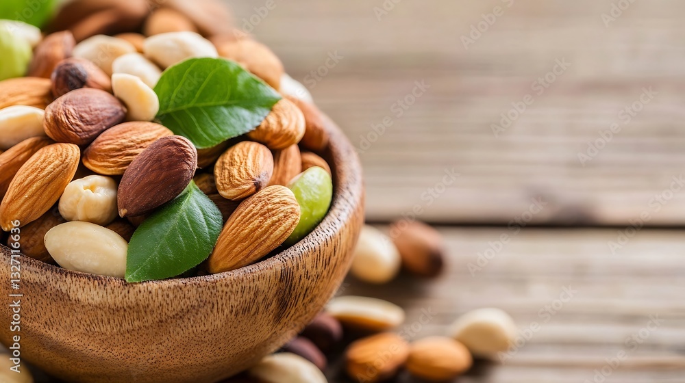 Poster assorted nuts in a wooden bowl with fresh leaves elegantly arranged on a rustic wooden table : gener