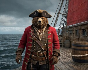 Ultra-realistic, full-body shot of a bear-man pirate hybrid representing Canada, with a powerful, muscular human body and the head of a grizzly bear. He wears a detailed, rugged red coat.