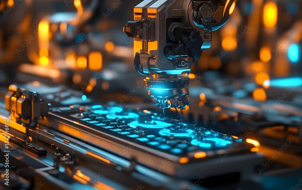Poster a close-up view of a robotic arm assembling intricate electronic components in a futuristic factory,