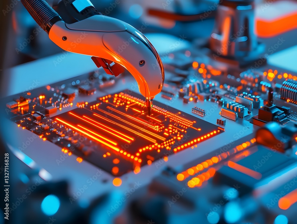 Aufkleber a close-up view of a robotic arm interacting with a circuit board, illuminated by vibrant orange lig