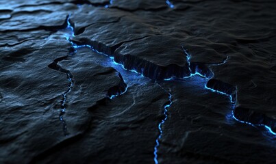 Cracked dark stone surface with glowing blue crevices