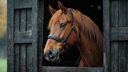 Majestic Chestnut Horse Gazing from Dark Wooden Stable Stall Door, Showing Curious Expression and Soft Brown Coat in Autumnal Setting