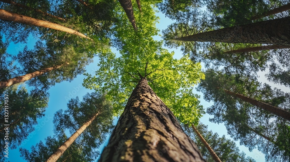 Poster Tall pine trees reaching towards a clear blue sky captured from a ground perspective in a tranquil forest setting : Generative AI