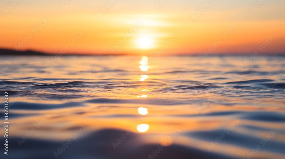 Poster Golden Sunset Over the Ocean with Gentle Waves and Reflections Creating a Serene Atmosphere : Generative AI