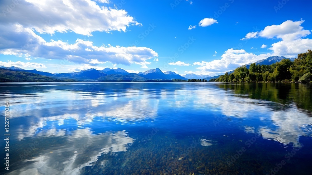Aufkleber scenic view of tranquil lake with crystal clear waters reflecting mountains and blue sky : generativ