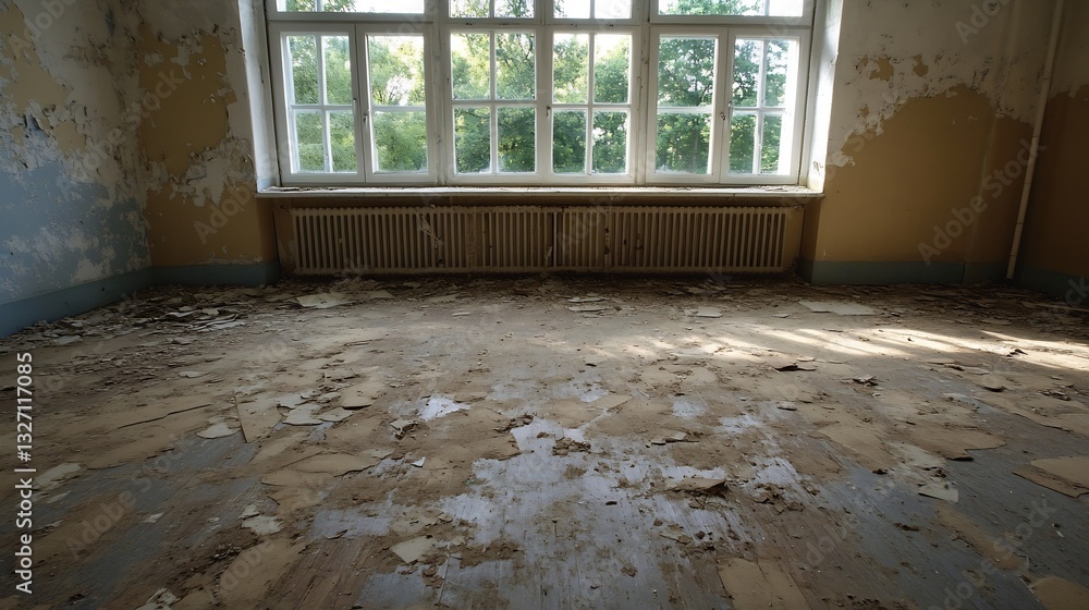 Poster abandoned room with peeling paint and a view of overgrown trees through large windows : generative a