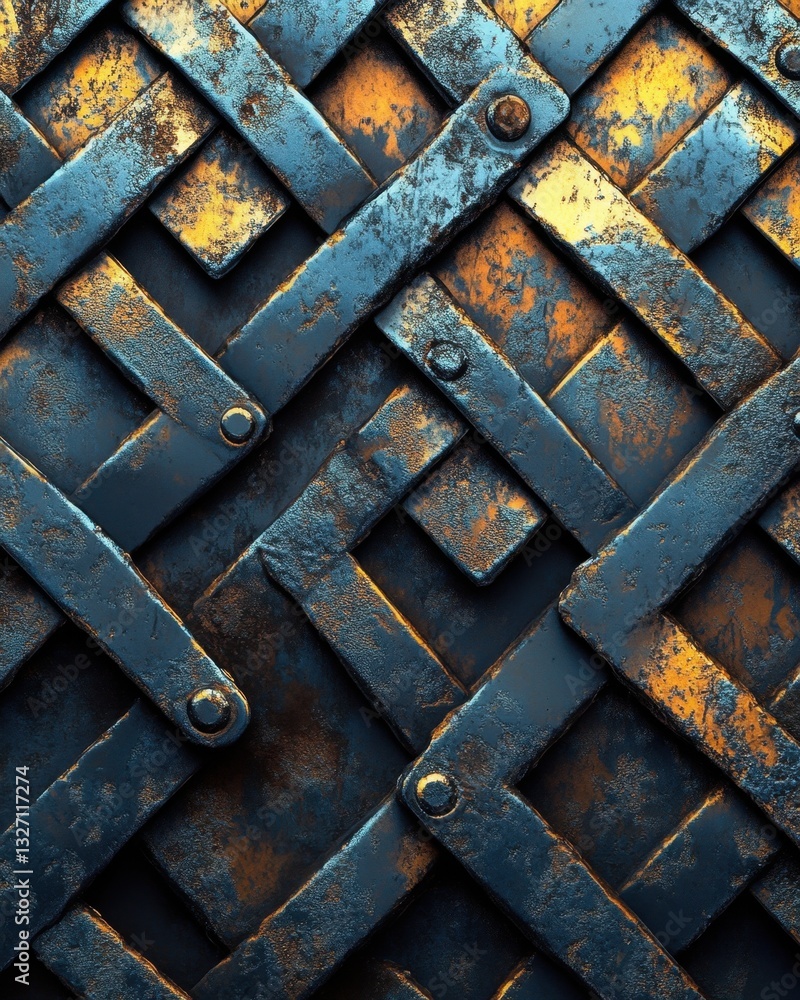 Poster intricate ironwork pattern with rivets and rustic texture detailed close up of woven metal structure