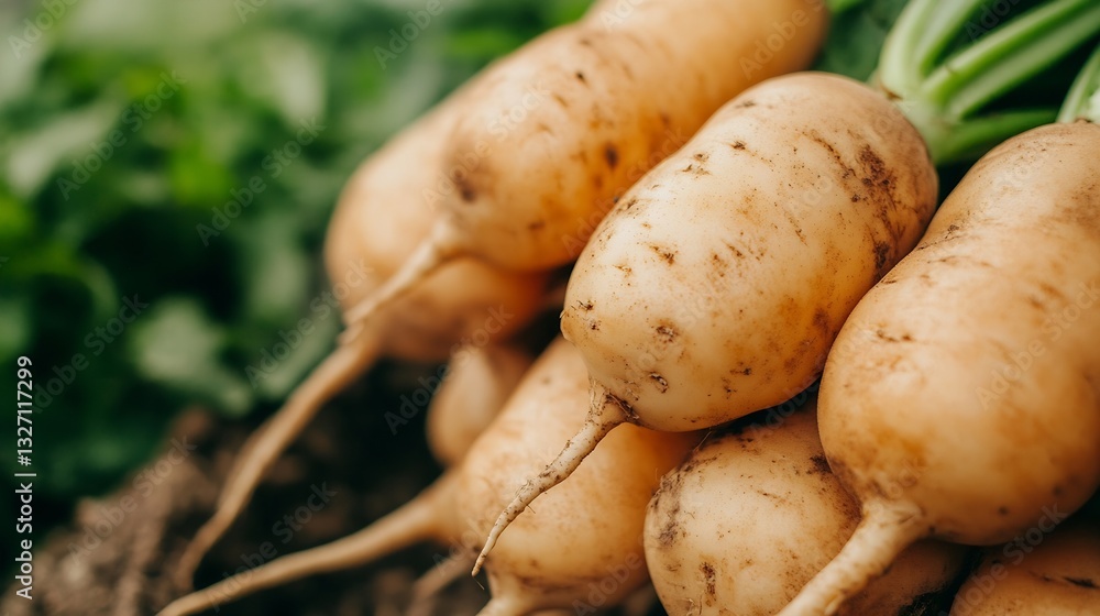 Poster fresh organic radishes with green leaves piled on a rustic farm background : generative ai