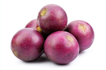 Fototapeta premium Passion fruit pile isolated on white backdrop featuring textured skin and vibrant color with clean presentation