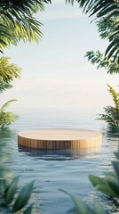 Fototapeta premium Front View of a Minimalist Wooden Cosmetic Podium on a Sunny Infinity Pool with Clear Blue Skies. Copy space. Generative AI