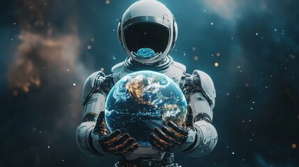 planet in robot hands. Selective focus.