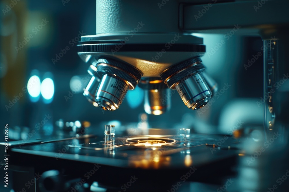 Poster A detailed view of a microscope and its components on a table