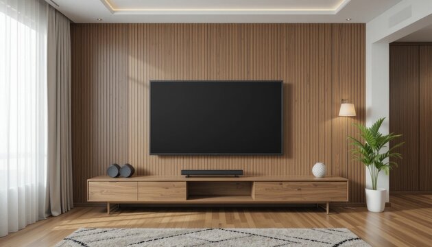 White entertainment unit in minimalist living room with wooden wall panels. Modern interior with white blank screen on wooden wall entertainment center. 3D Rendering