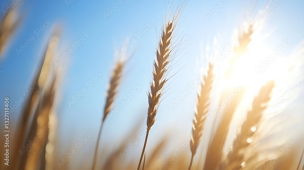 Aufkleber CloseUp of Wheat Ears Illuminated by Sunlight in an Open Field : Generative AI