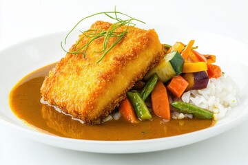Elegant Breaded Fish Fillet with Curry Sauce, Rice, and Vegetable Harmony a Culinary Masterpiece