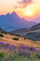 Serene mountain landscape at sunset with vibrant wildflowers in foreground and golden light illuminating the peaks