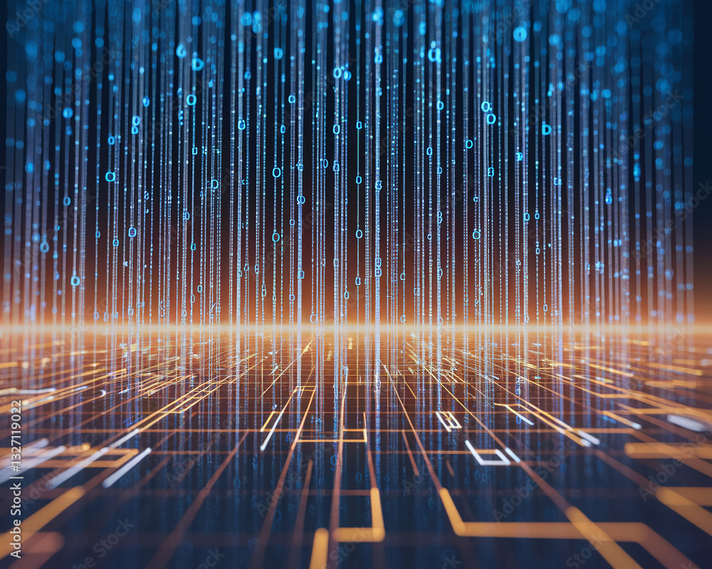 Poster abstract digital data stream visualization, blue and orange hues, lines of binary code falling onto 