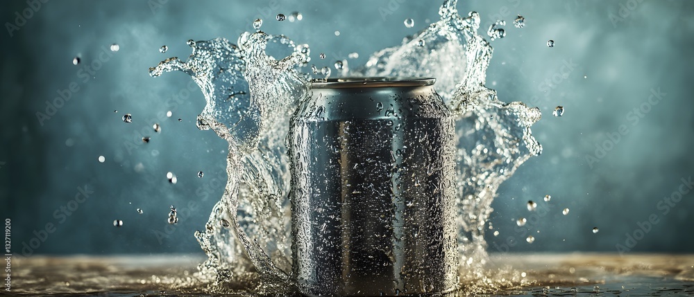 Poster a dynamic image of a soda can splashing into a pool of water, capturing the refreshing essence of be