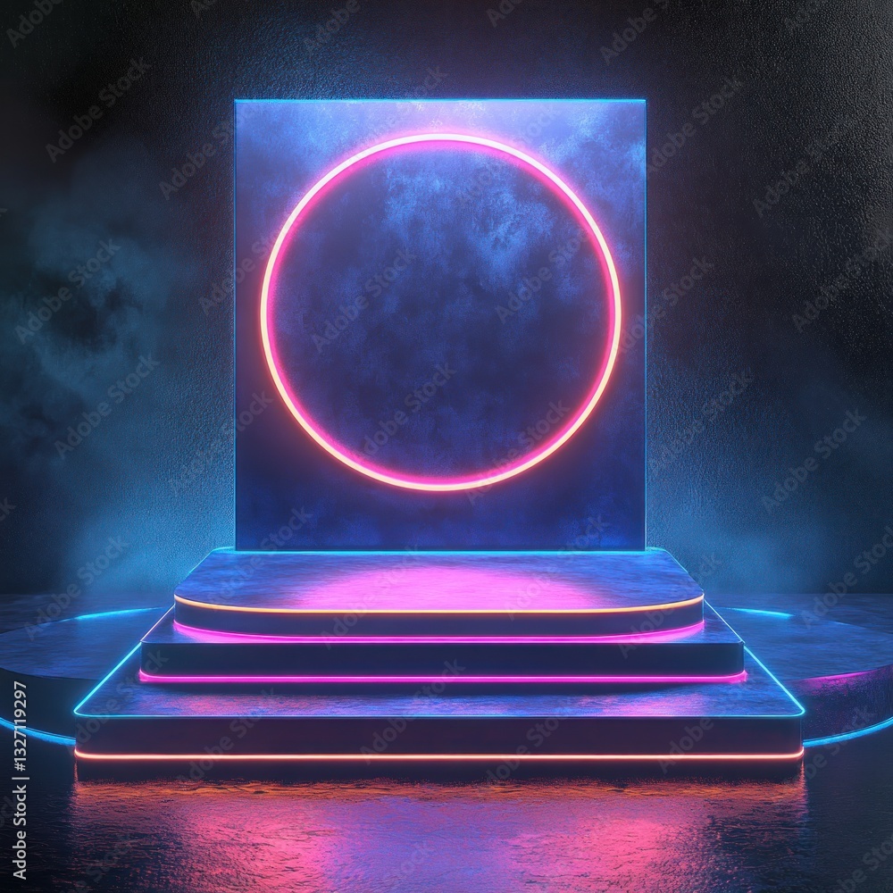 Poster abstract platform with neon ring in dark tone for product display show presentation template
