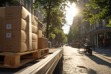 delivery, the truck is parked on a city street, there is a pallet with boxes on it. The boxes are marked with barcodes and stacked on top of each other.