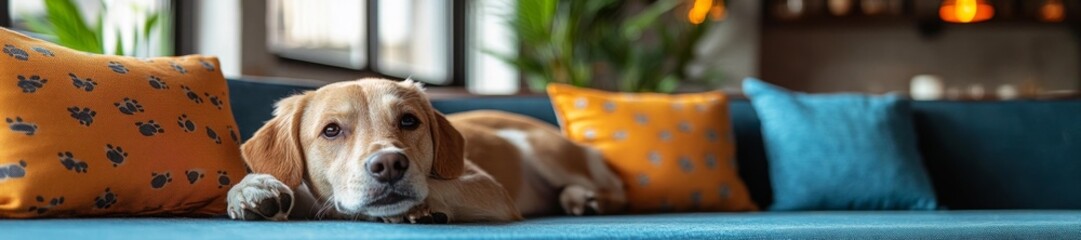 Fototapeta na wymiar A Cozy Pet Lounge Featuring a Relaxed Dog on a Sofa with Patterned Pillows. Generative AI