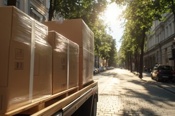 delivery, the truck is parked on a city street, there is a pallet with boxes on it. The boxes are marked with barcodes and stacked on top of each other.