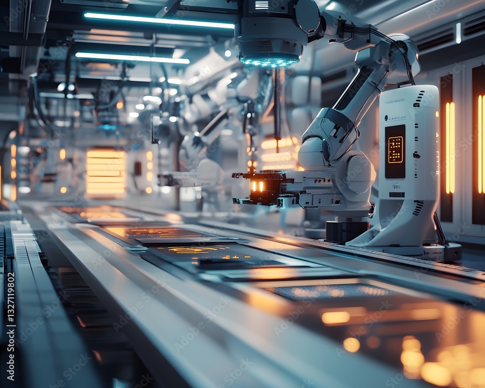 Poster a futuristic automated factory setting featuring advanced robotic arms in a high-tech manufacturing 