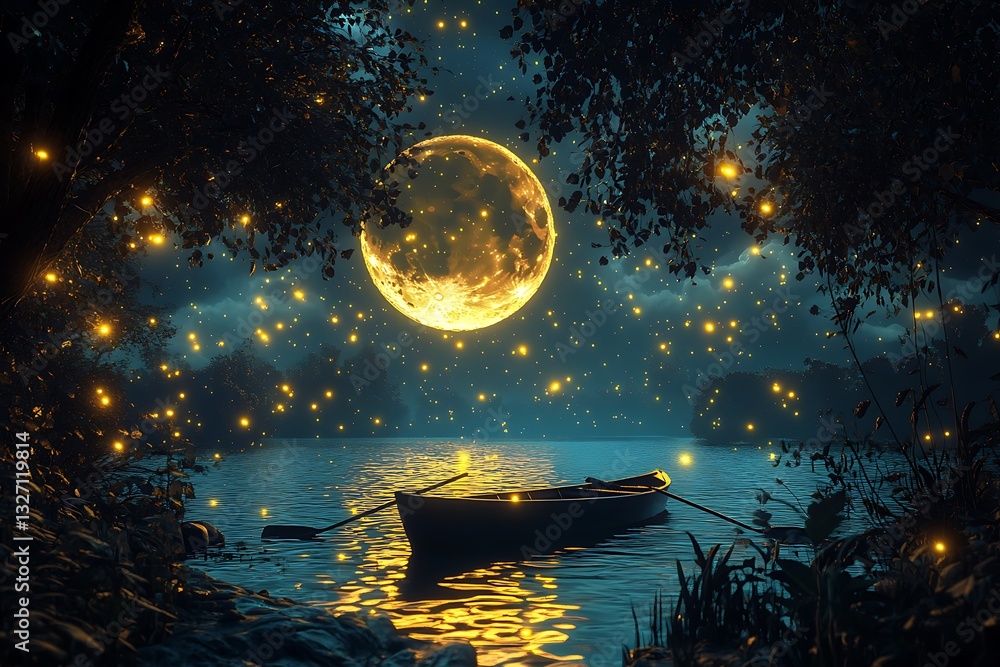 Poster a peaceful 3d scene of a rowboat gently floating on a pristine lake, framed by dark, dense trees wit