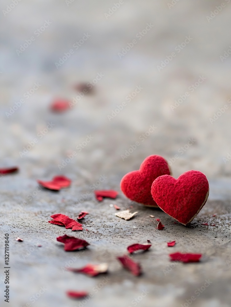 Poster two adorable red heart decorations surrounded by rose petals on a rustic surface for romantic occasi