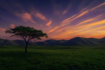 A peaceful lush green plain surrounded by gentle hills, bathed in the amber glow of an evening sky filled with streaks of fiery orange and soft lavender clouds, with a single tree 