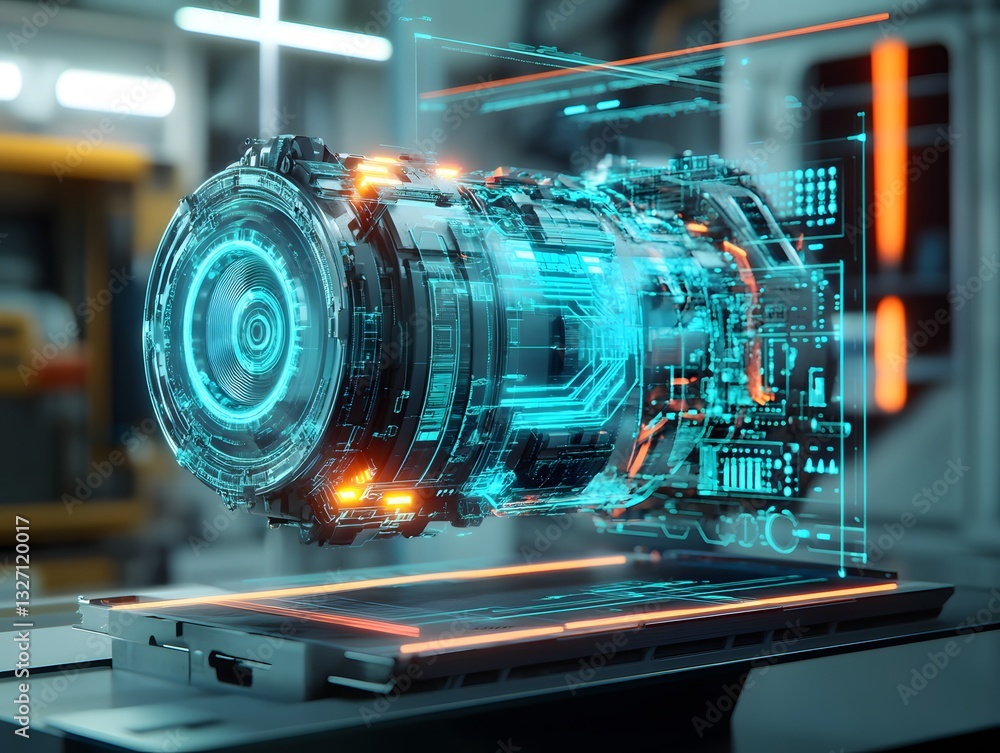 Poster a futuristic holographic display showcasing an advanced machine component. the glowing elements and 