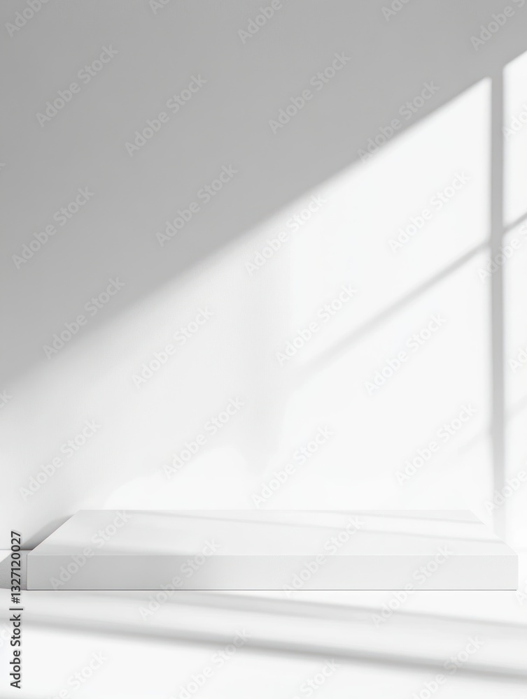 Poster minimalist white podium stage with window light casting shadows for product display and presentation