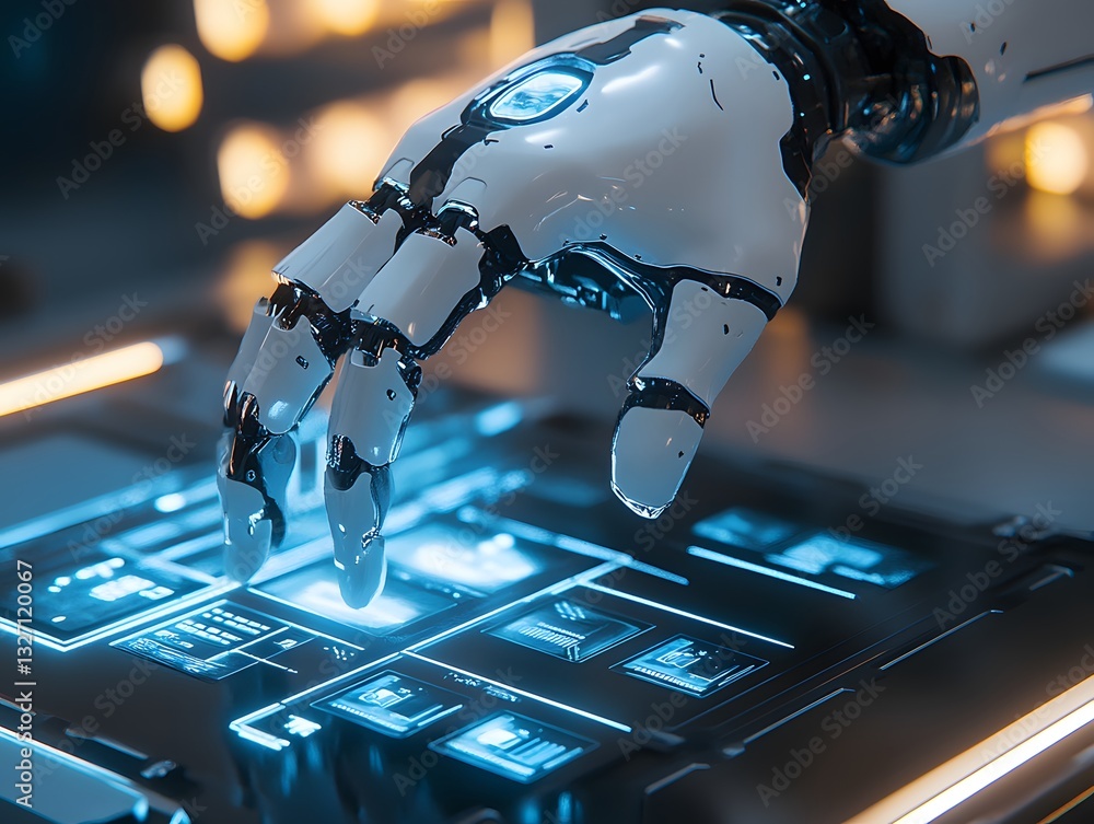 Poster a futuristic robotic hand interacts with a digital interface, showcasing advanced technology and art