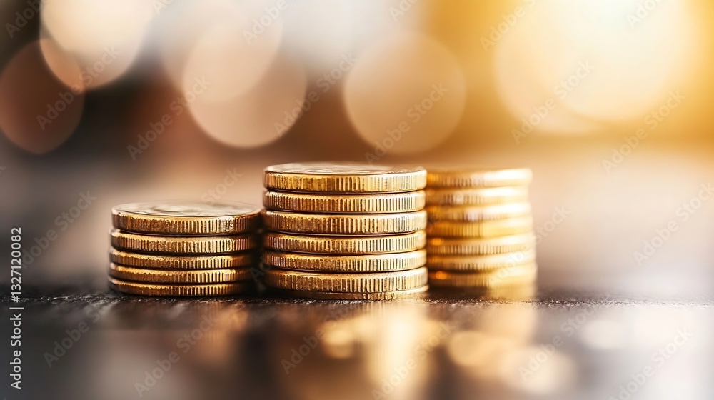Aufkleber Stacked golden coins arranged in a neat order reflecting light and showcasing wealth and prosperity : Generative AI