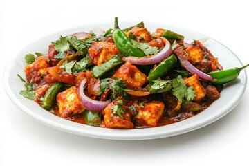 Delicious indian paneer chili dish with green pepper onion and cilantro on white plate tasty cuisine