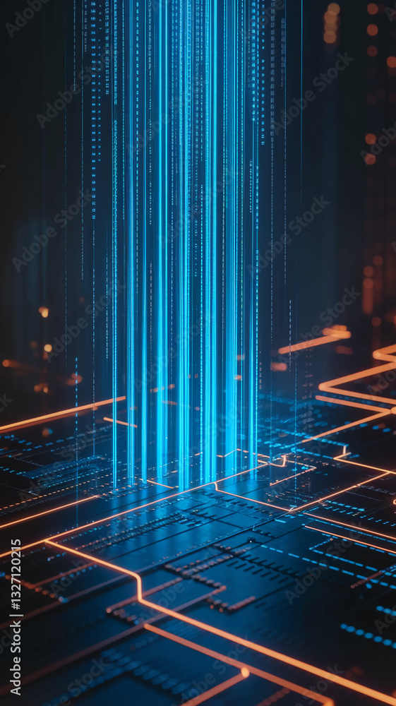 Poster abstract image of glowing blue data streams descending onto a dark orange circuit board, showcasing 
