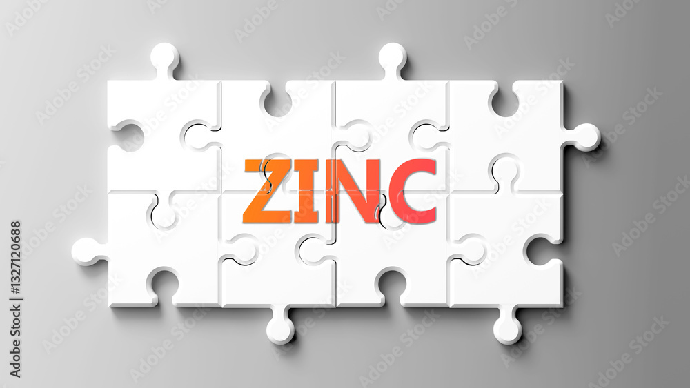 Poster zinc complex like a puzzle - pictured as word zinc on a puzzle pieces to show that zinc is complex a