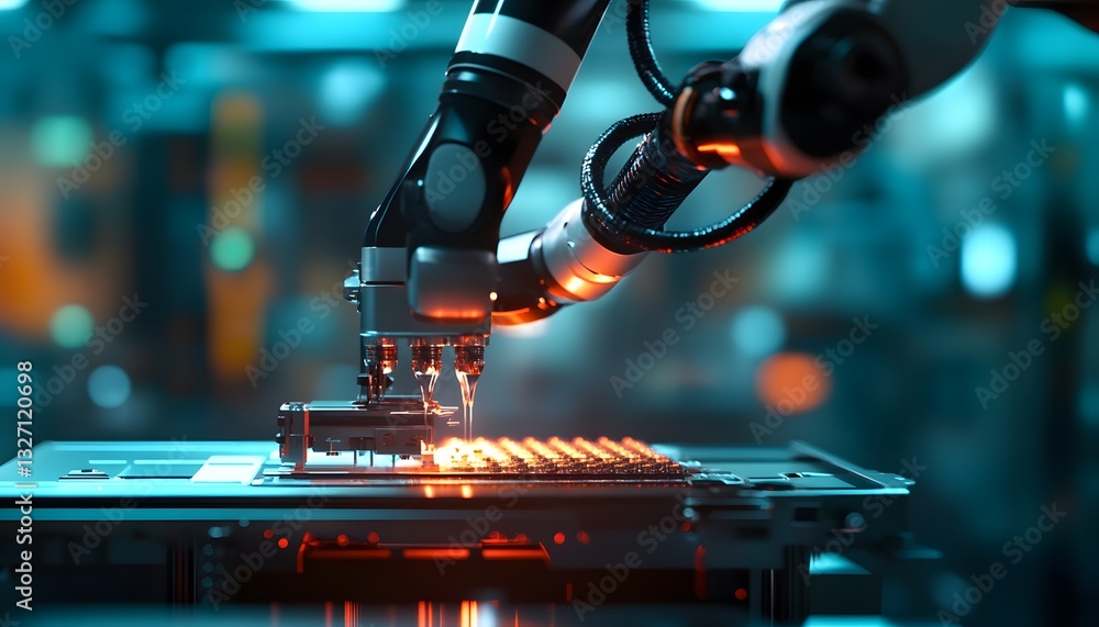 Poster a high-tech robotic arm performing precise assembly in a modern factory. the automated device showca