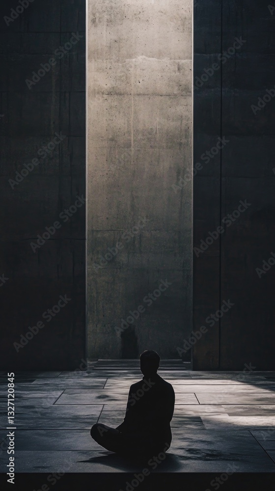 Poster a person sits in a dimly lit room, illuminated by a small amount of light from outside