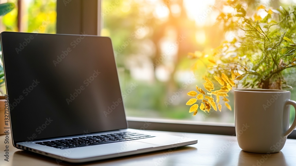 Aufkleber sunlit workspace with a laptop and potted plant by the window : generative ai