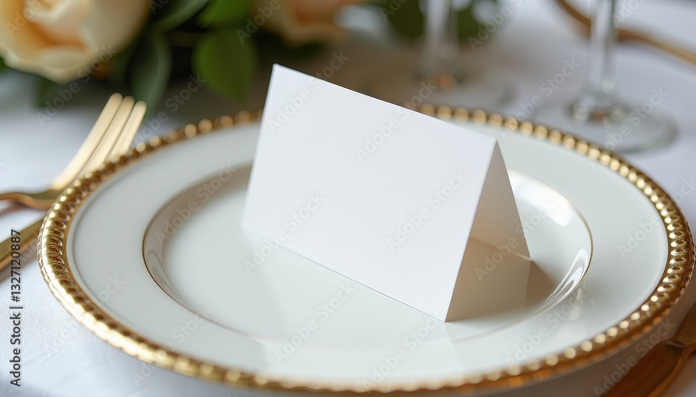 Poster highquality mockup: elegant table setting with gold plate and blurred background. a white plate topp