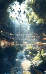 A breathtaking view of a serene waterfall nestled among lush greenery, with sunlight filtering through the trees and birds taking flight.