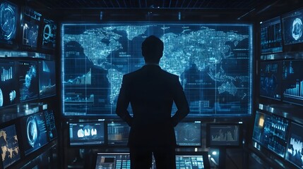 A business professional analyzes global data through advanced digital interfaces in a modern control room.
