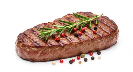 A juicy freshly grilled steak with beautiful sear marks garnished with a sprig of fresh rosemary and a mix of red and black peppercorns