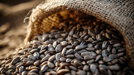 Obraz premium Harvested Sunflower Seeds Spilling From Burlap Sack in Warm Light