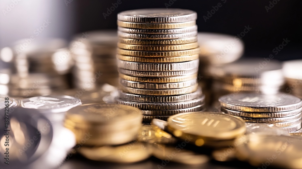 Poster close up of stacked coins displaying financial wealth in soft focus background : generative ai