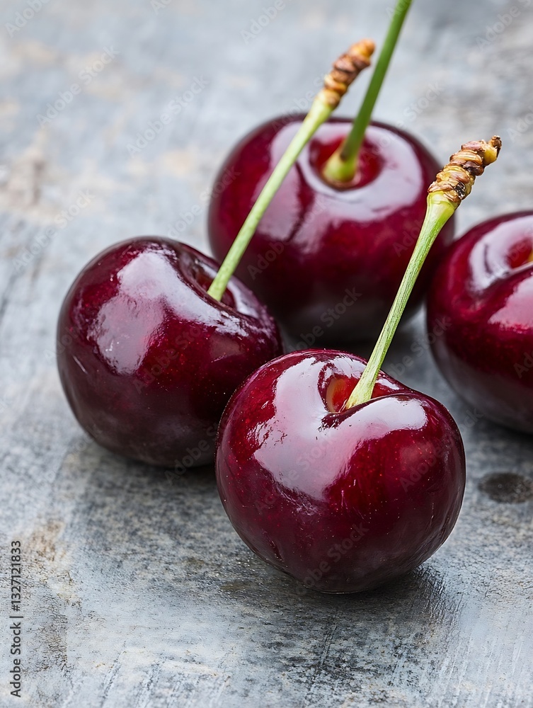 Aufkleber juicy ripe cherries with stems still attached sitting on a rustic surface showcasing their freshness