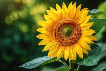 Fototapeta premium A large yellow sunflower with green leaves