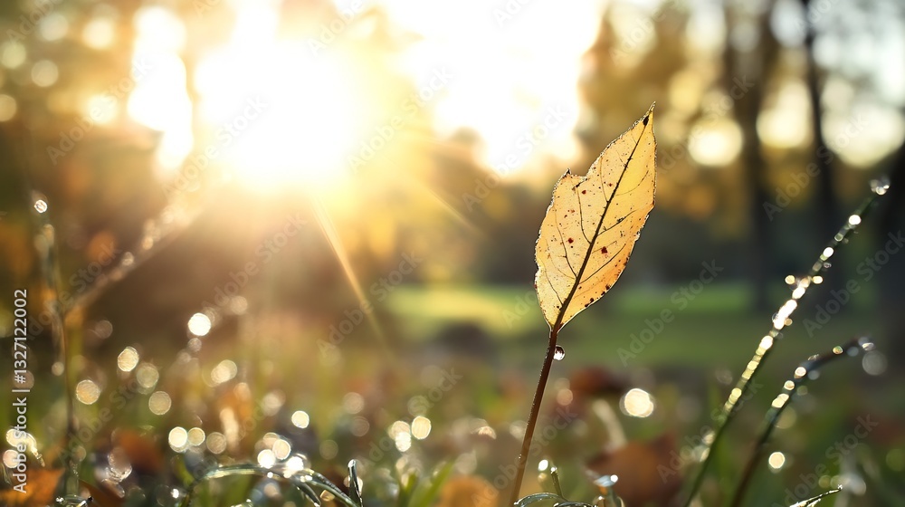 Poster delicate autumn leaf illuminated by golden sunlight in a dewy garden setting : generative ai